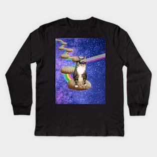 Cute tabby cat in outer space shooting cool rainbows from the sunglasses Kids Long Sleeve T-Shirt